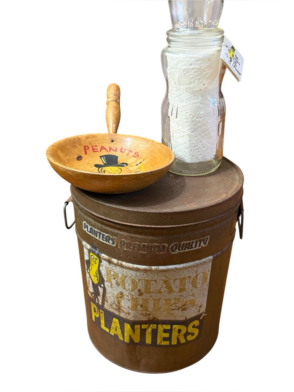 Mr. Peanut bundle! Large can, 75th Anniversary Jar, Antique wood dish